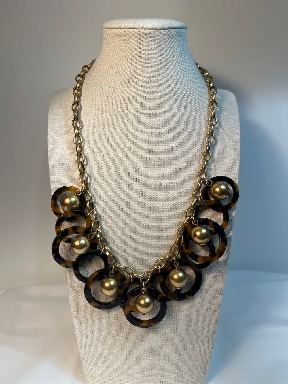J.Crew Faux Tortoise Shell & Gold Tone Beaded Chain Cluster Ring Bib Necklace